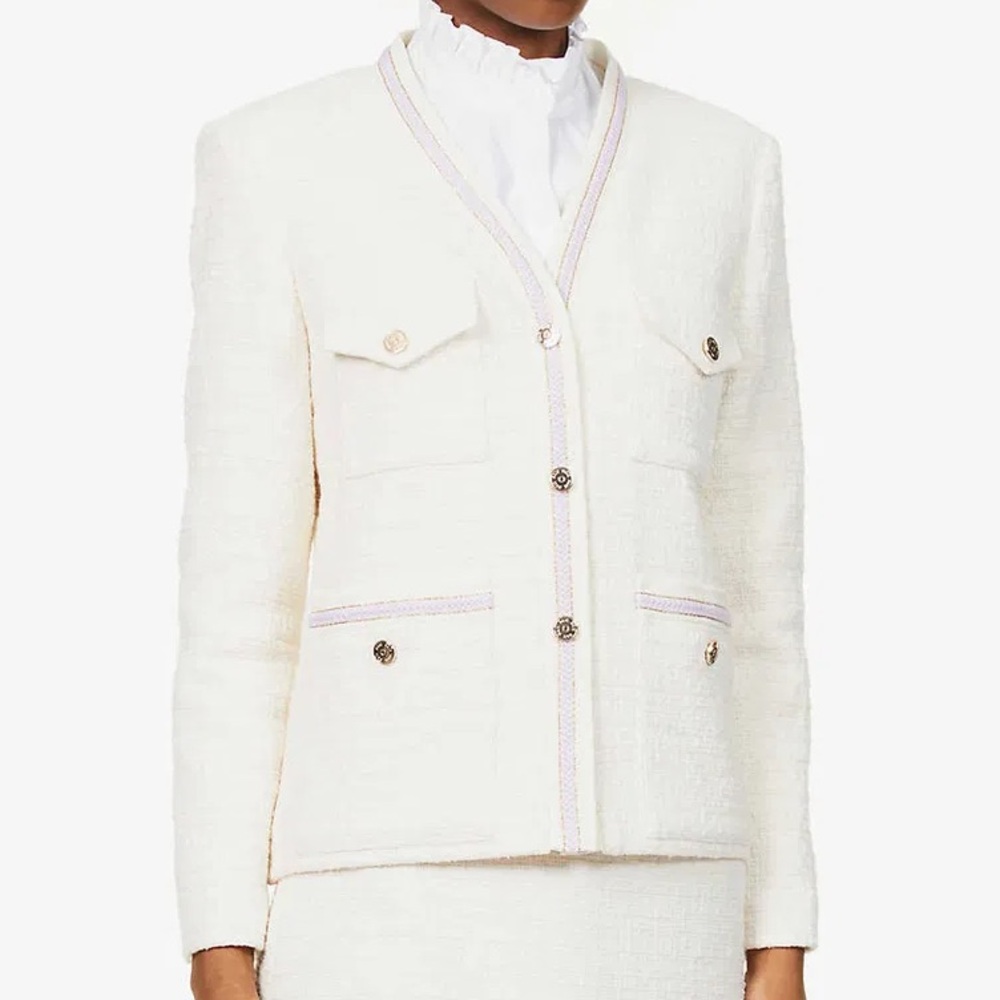 Maje Vivossa tweed jacket in blanc and purple trim
